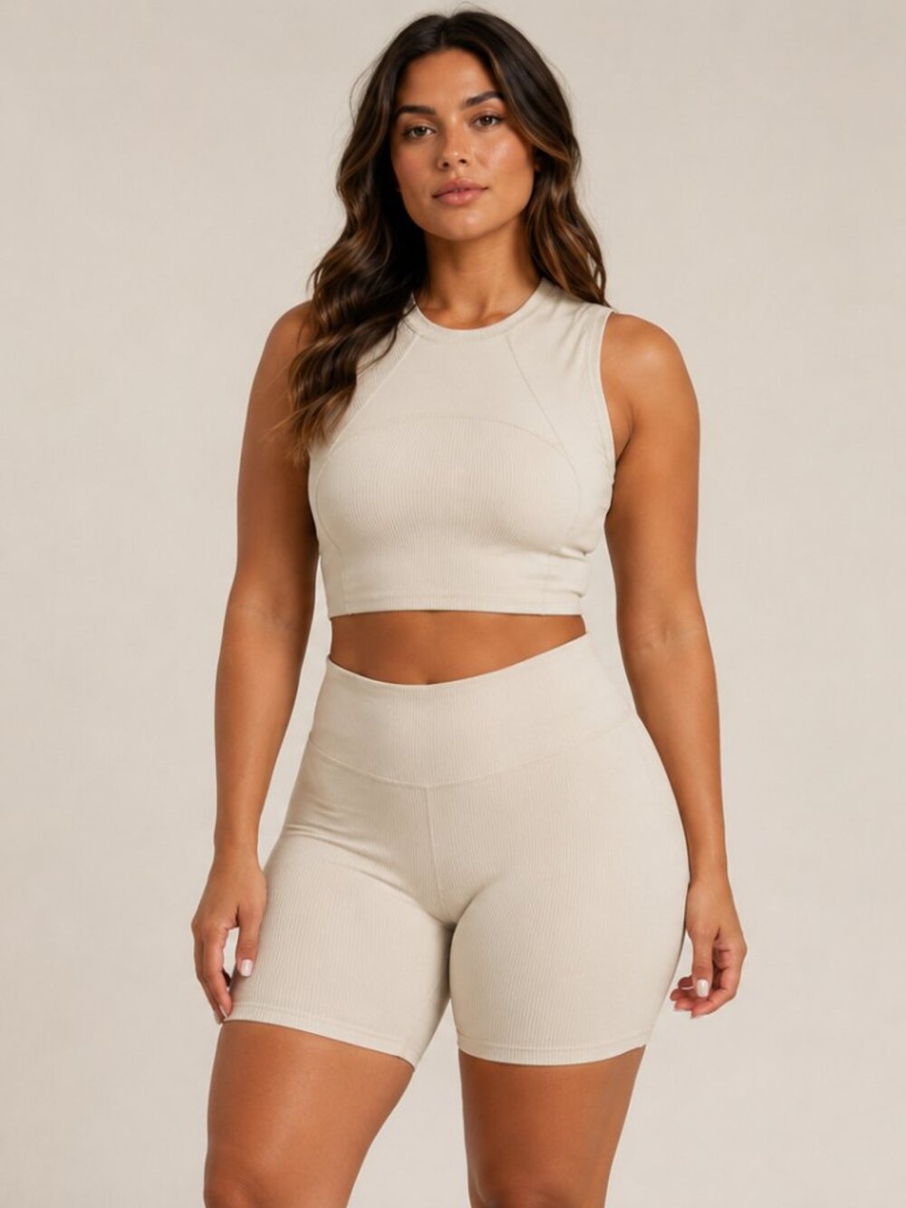 2 Piece Old Navy Powersoft Ribbed Ecru Crop Top And Bike Shorts Set